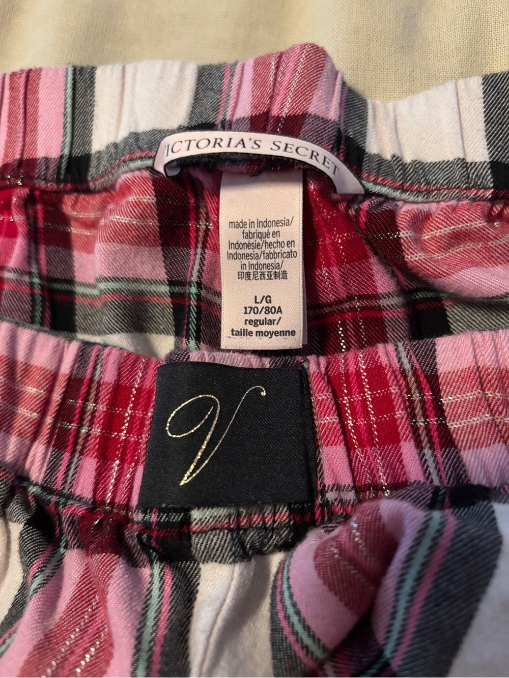 Victoria's Secret Pink and Black Plaid ladies large Pajama Bottoms